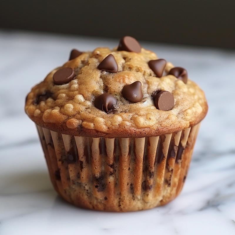 Extreme close-up of banana chocolate chip muffins on a white marble surface.