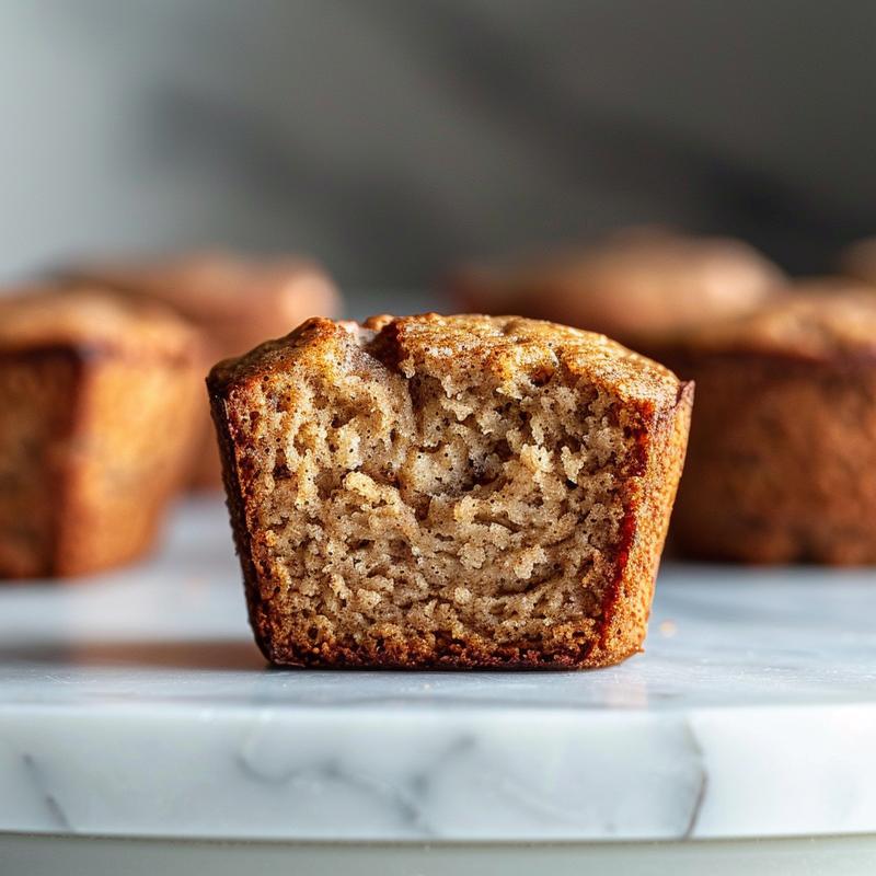 Close-up of a moist banana bread muffin on a white marble surface, showcasing its texture.
