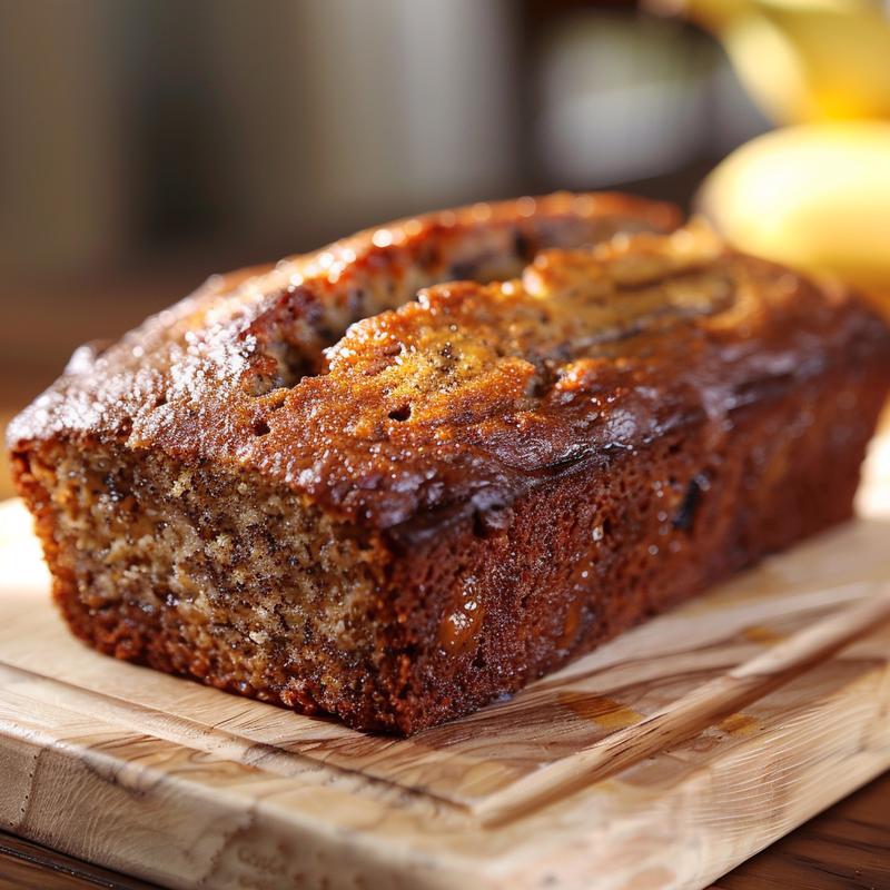 A close-up of a slice of banana bread with a glossy texture, displayed on a light wooden board.