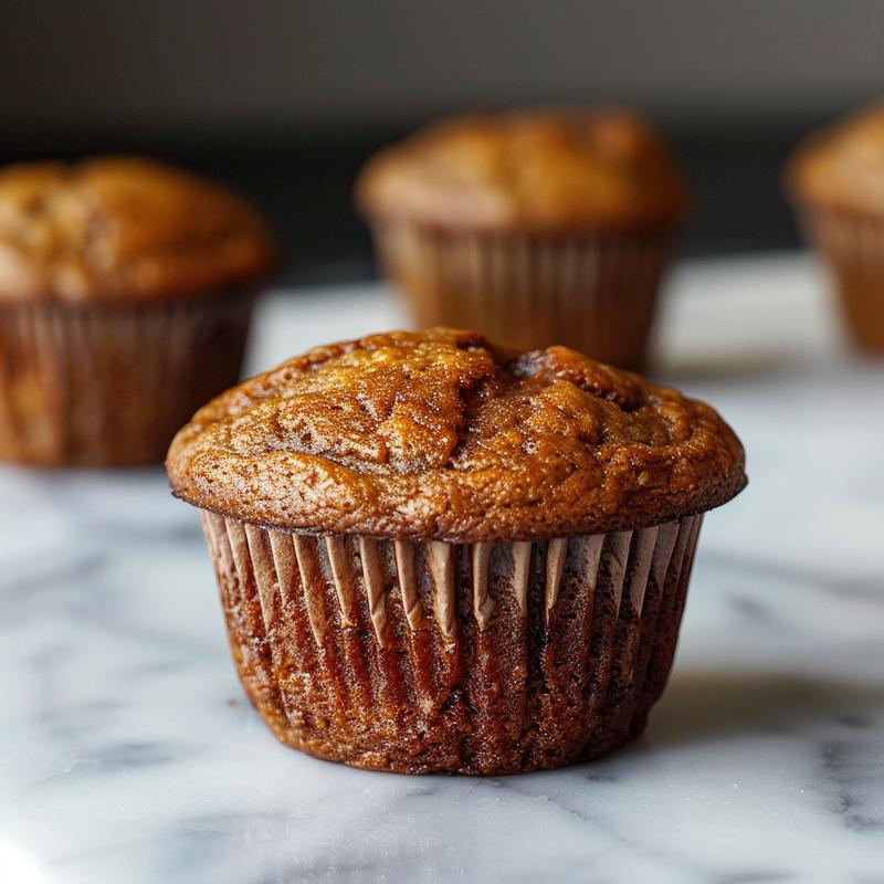 Close-up of textured banana muffins arranged on a white marble surface.