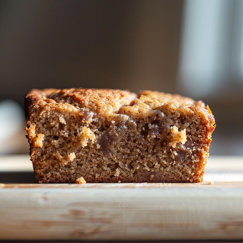 Close-up view of a slice of eggless banana bread on a wooden board, showcasing its texture.