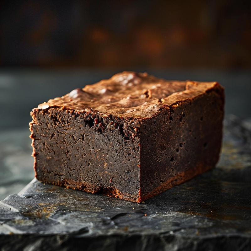 Close-up of a decadent football brownie with rich chocolate frosting on a dark stone surface.