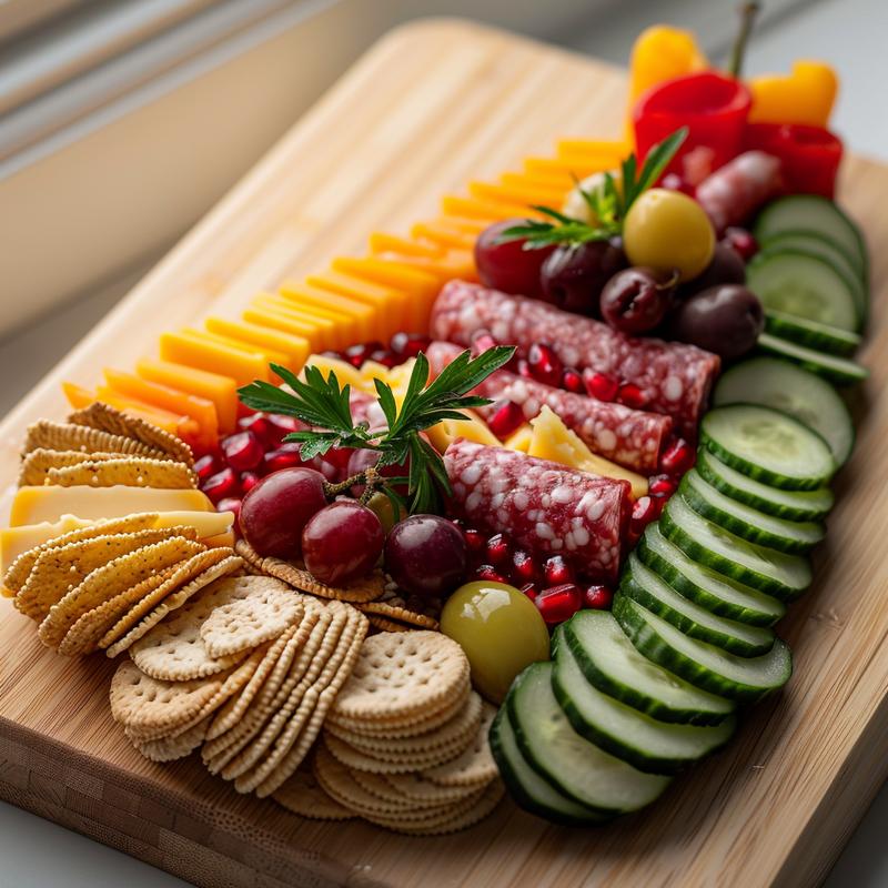 Christmas tree shaped charcuterie board with cheeses, meats, crackers, fruits, and vegetables on wood.