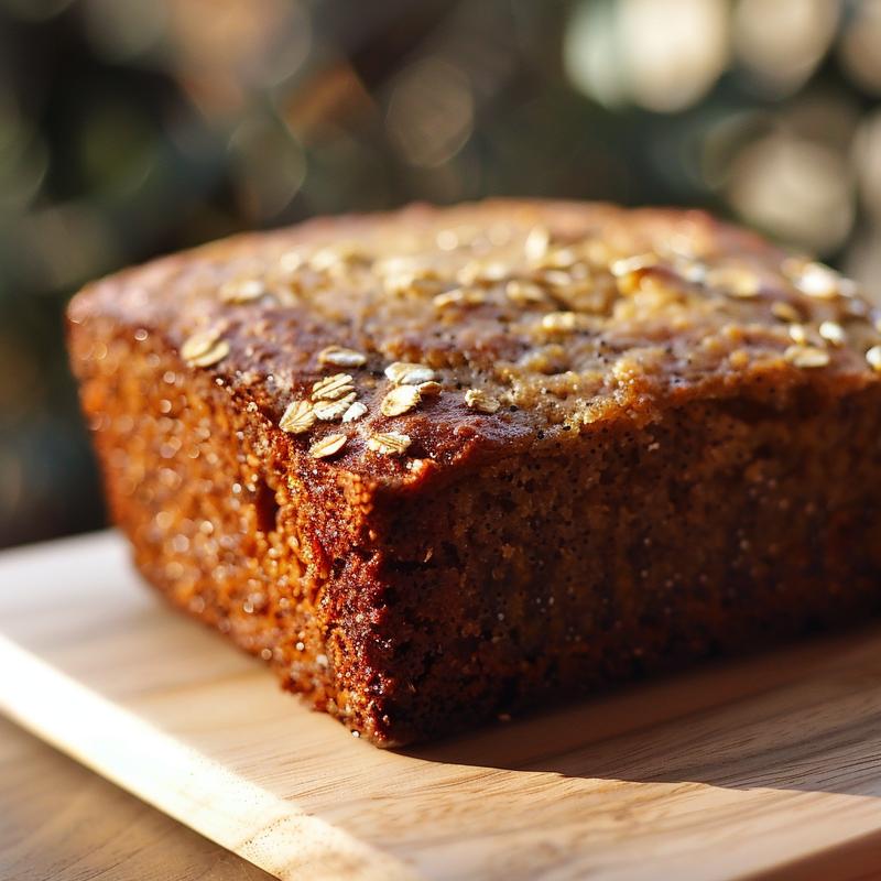 A close-up view of a moist slice of coconut flour banana bread on a white marble surface.