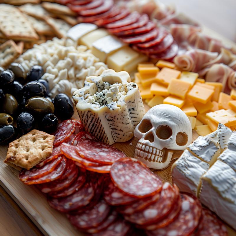 Skull-shaped cheese on antipasto platter with meats, olives, and crackers.
