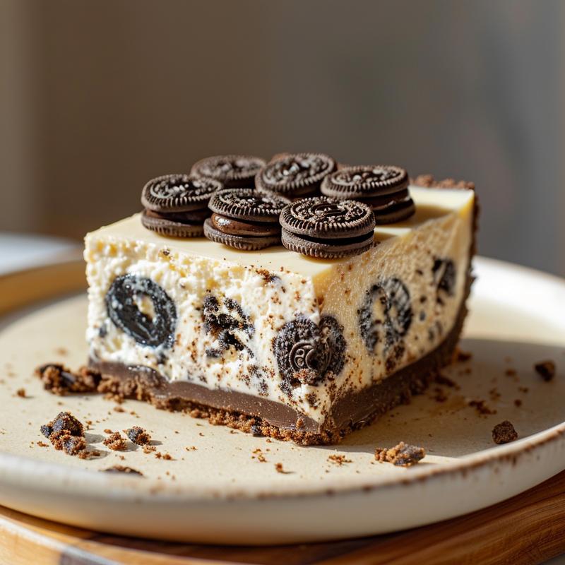 Single slice of mini Oreo cheesecake on a plate, showing Oreo cookie pieces, cream cheese filling, and a light wood board background.