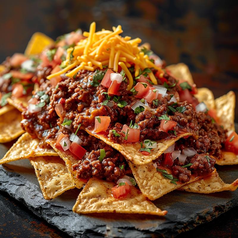 Close-up of loaded beef nachos with visible ingredients on a slate plate.