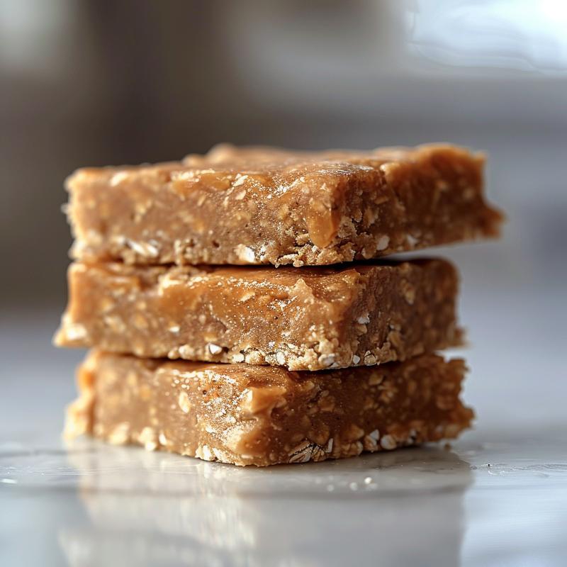 Stack of three vegan cookie dough bars on white marble.