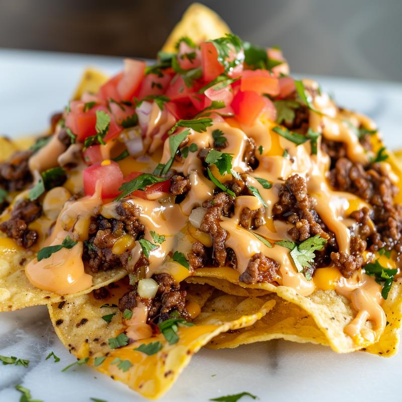 Close-up of loaded nachos with visible toppings.