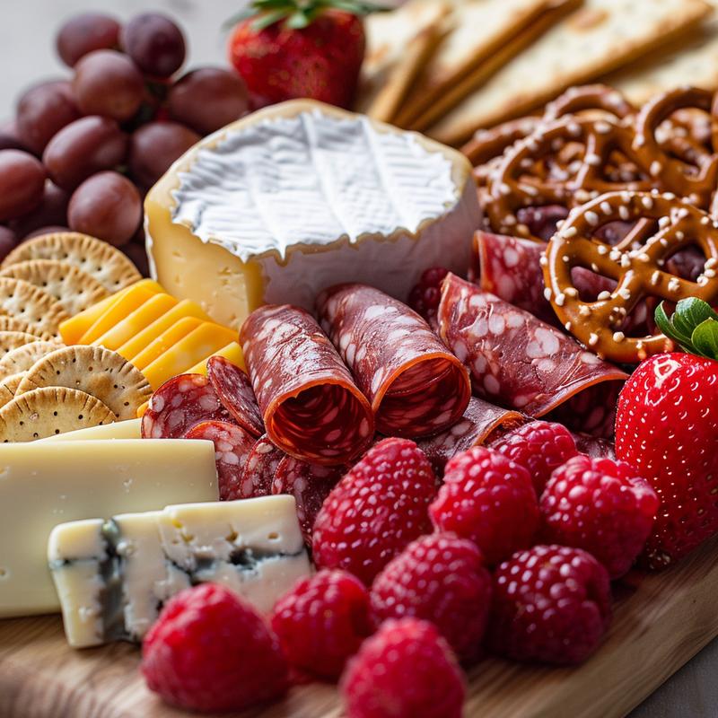 Close-up of a Valentine's Day charcuterie board with cheeses, meats, fruits, and chocolate.
