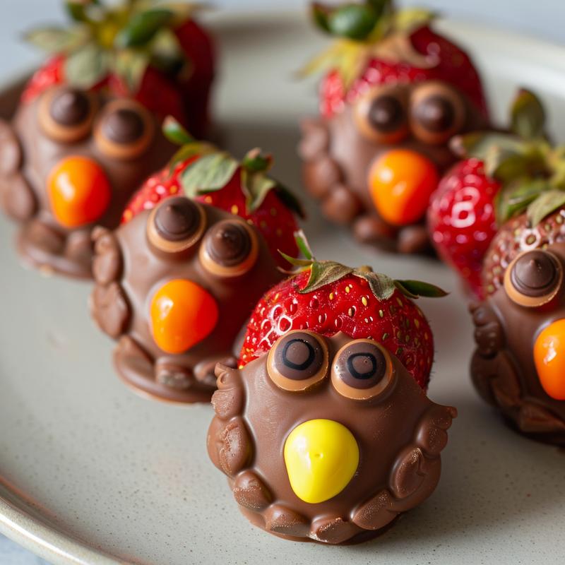 Close-up of chocolate-covered strawberry turkeys with candy eyes and beaks on a grey plate.