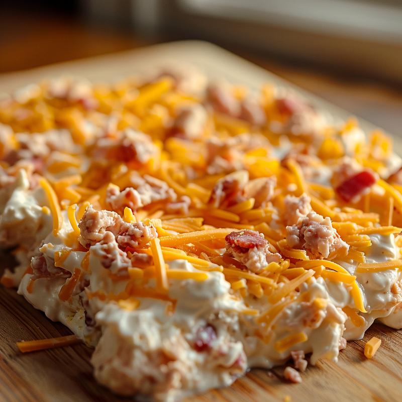 Creamy dip with bacon and cheese on a wooden board.