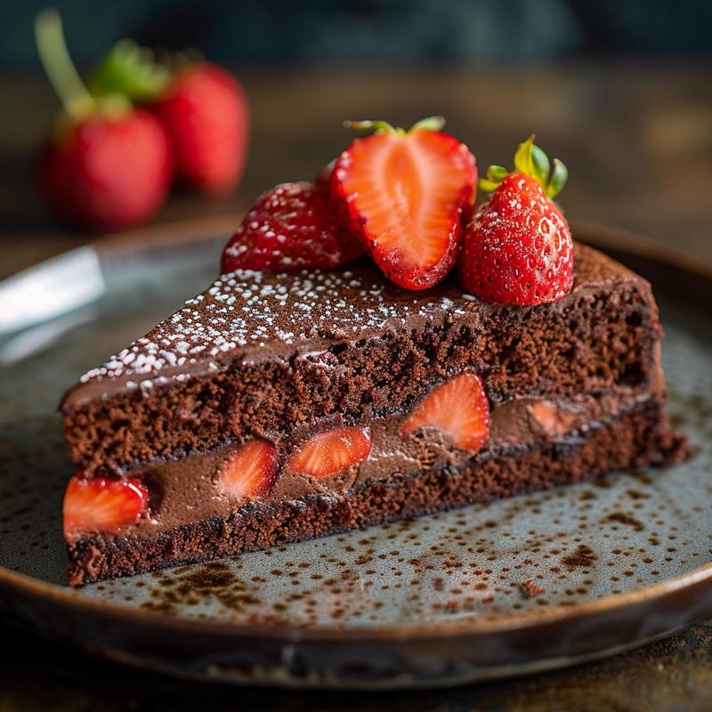 Slice of dark chocolate cake with strawberries on a plate.