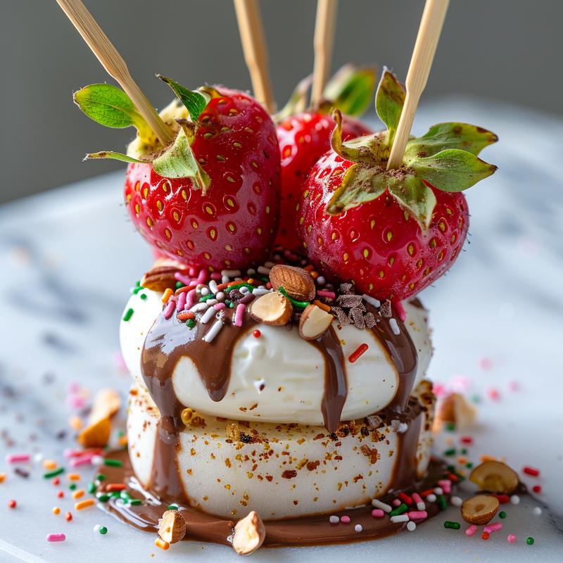 Close-up of chocolate-covered strawberries with various toppings.