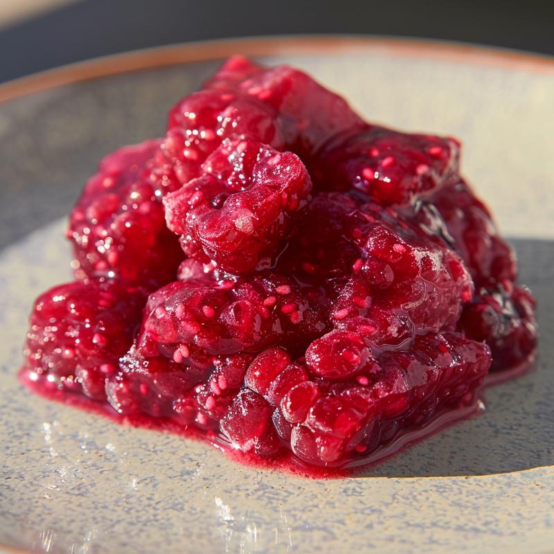 Close-up of bright red raspberry sauce on a light grey plate.