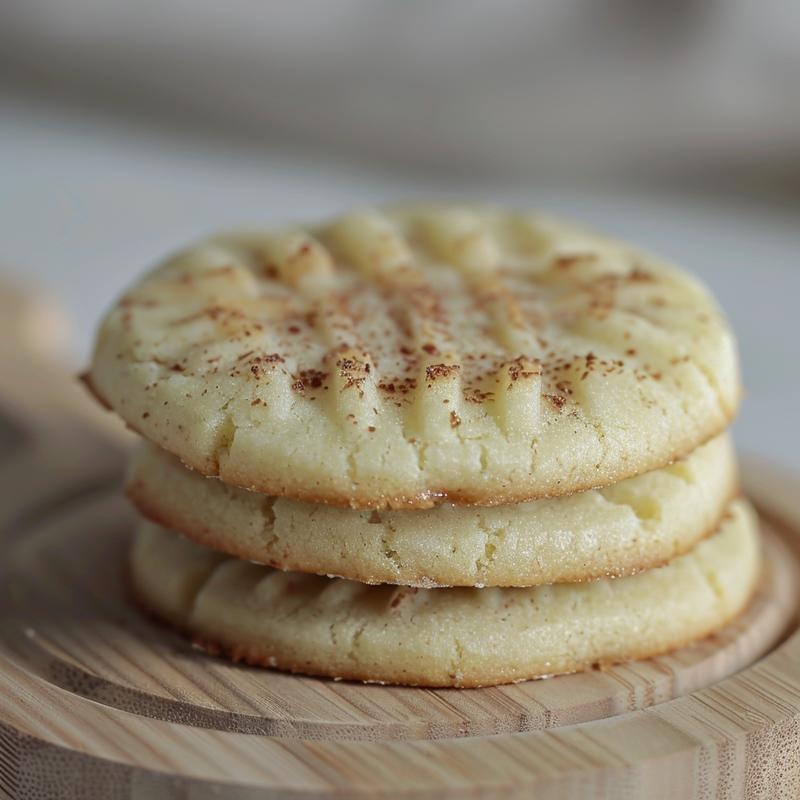 A stack of three golden brown almond flour banana cookies on a white marble surface.