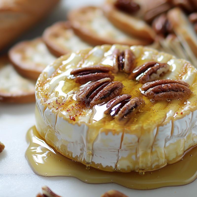 Close-up of air fryer baked brie with honey and nuts on white marble.