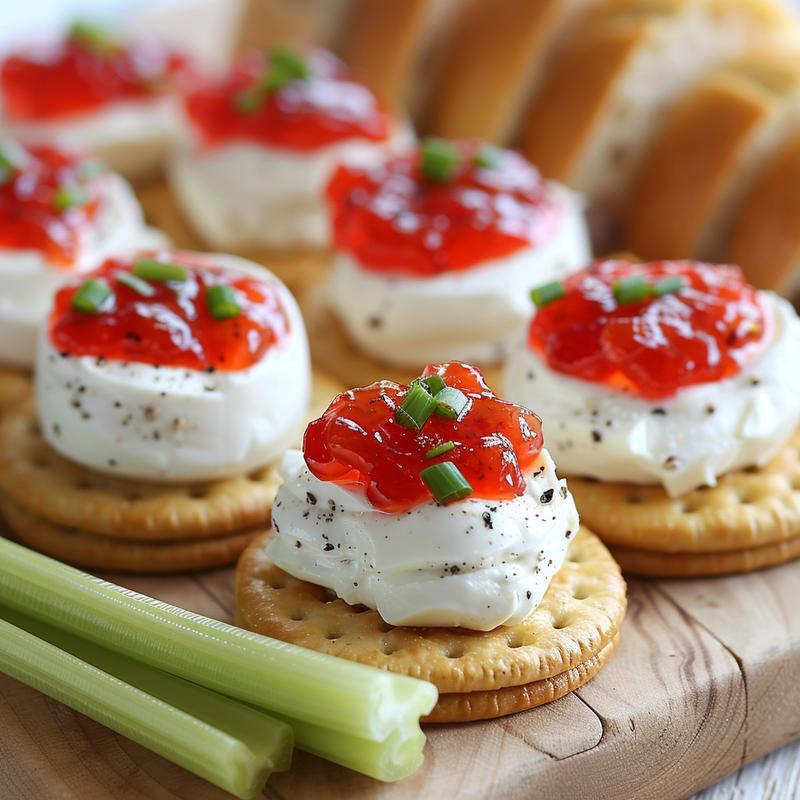 Close-up of pepper jelly cream cheese dip with crackers.