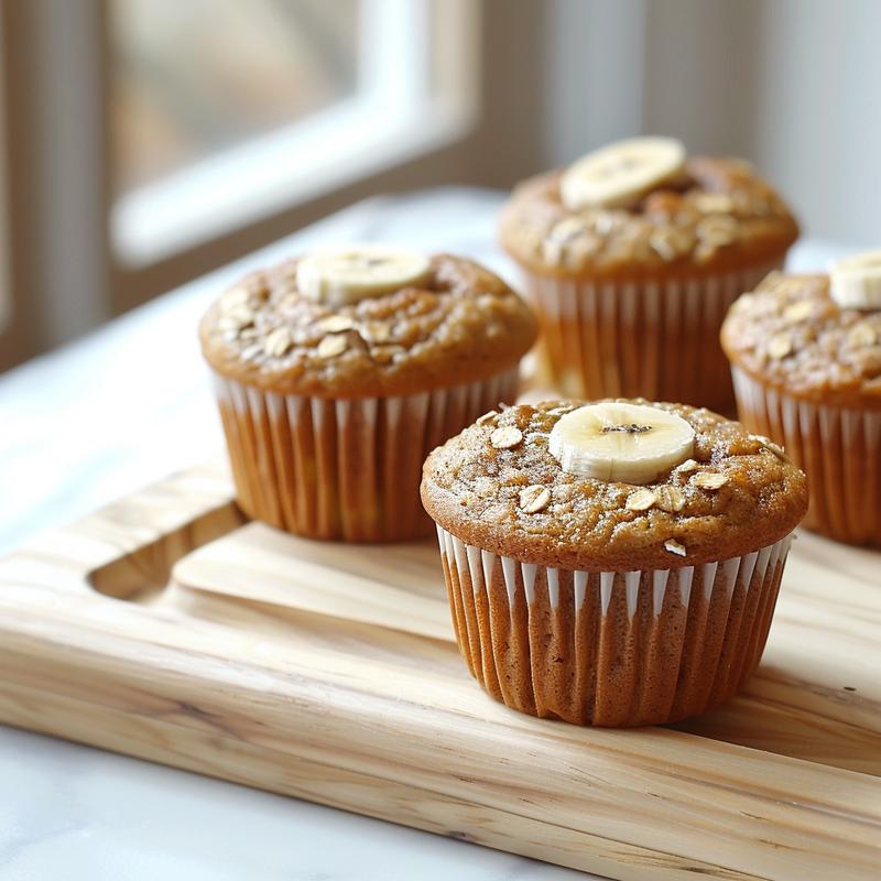 Close-up of moist banana bread muffins on a wooden board, showcasing their texture.
