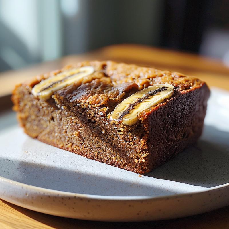 Close-up view of a textured banana muffin without eggs, showcasing its golden-brown crust and fluffy interior on a white marble surface.