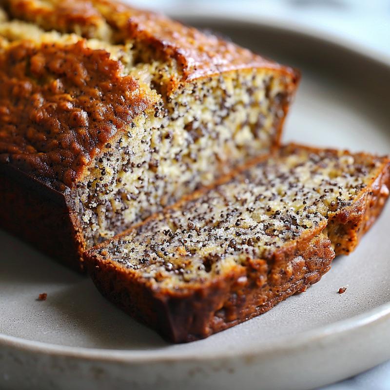 Close-up of a slice of healthy banana bread on a grey ceramic plate, showcasing its texture and ingredients.