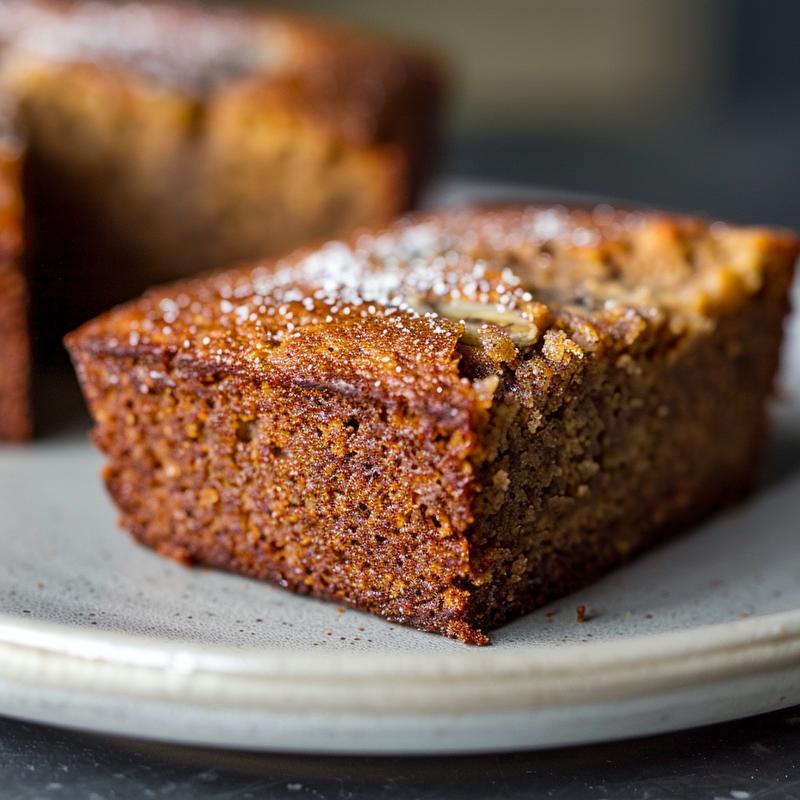Close-up of a slice of gluten-free banana bread on a white marble surface.