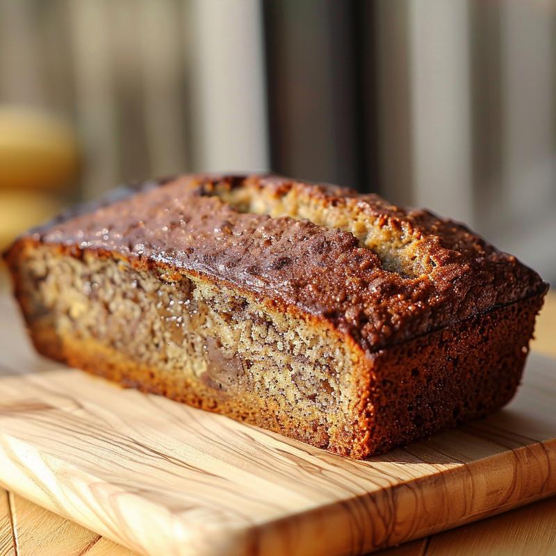 Close-up of a slice of gluten-free banana bread on a wooden board, showcasing its moist texture.