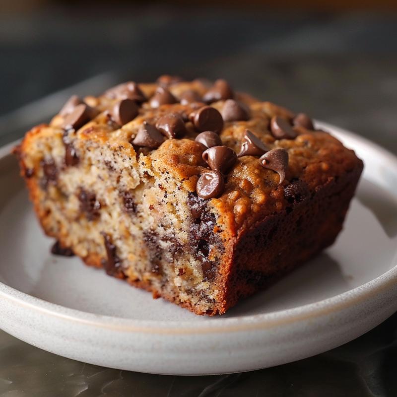 Close-up of a slice of healthier chocolate chip banana bread on a light grey ceramic plate.