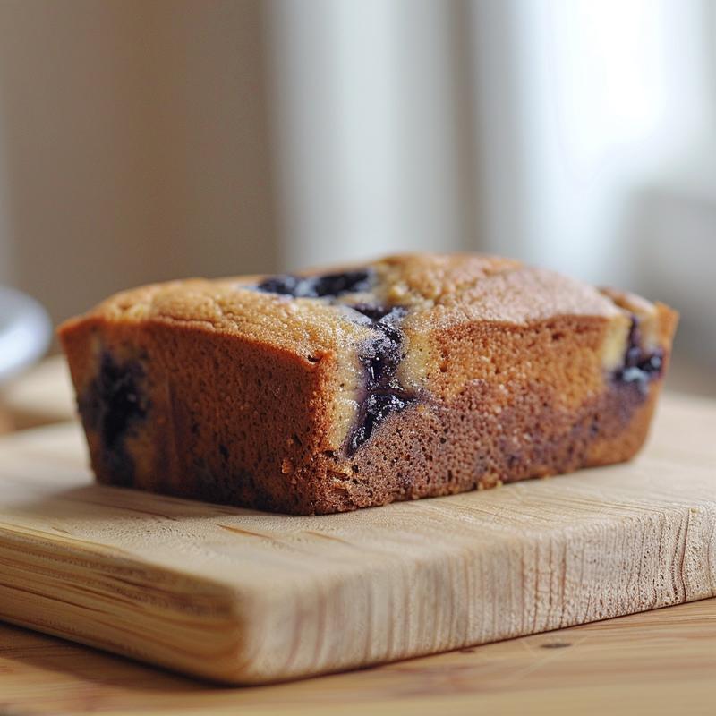 Close-up view of a slice of gluten-free banana blueberry bread on a natural wood board.