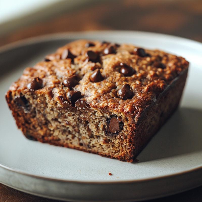 A slice of chocolate chip banana bread on a light grey ceramic plate, showcasing its texture and chocolate chips.