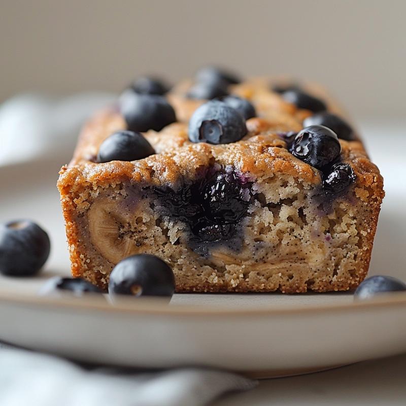 A close-up view of gluten-free blueberry banana bread on a light grey ceramic plate.