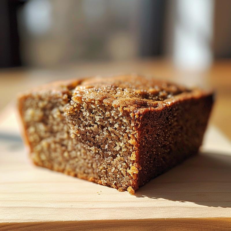 A close-up view of a slice of vegan gluten-free banana bread on a light wood board.