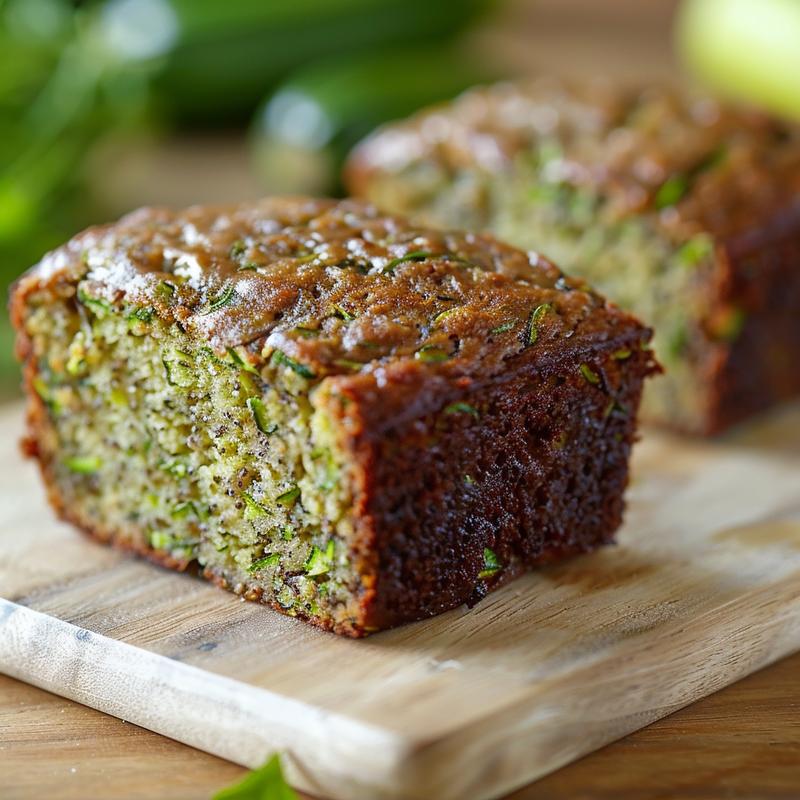 A close-up view of a slice of gluten-free banana zucchini bread on a natural wood board.