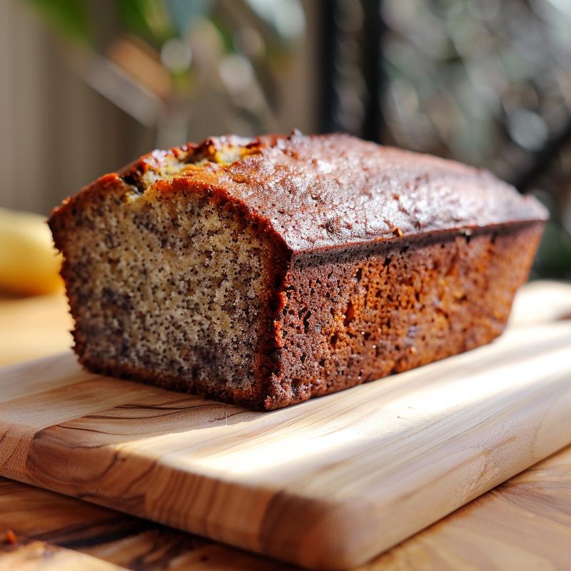 Close-up of a slice of gluten-free banana bread on a wooden board.