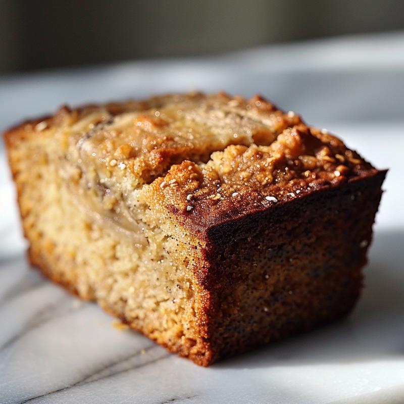 A close-up of a slice of banana bread made with oat flour on a white marble surface.
