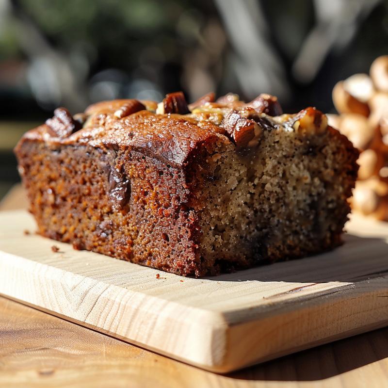 A close-up view of a slice of banana bread on a wooden board, showcasing its moist texture.