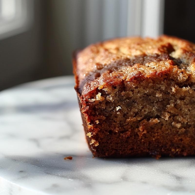 Close-up of a slice of gluten-free banana bread on a white marble surface, showcasing its moist texture.
