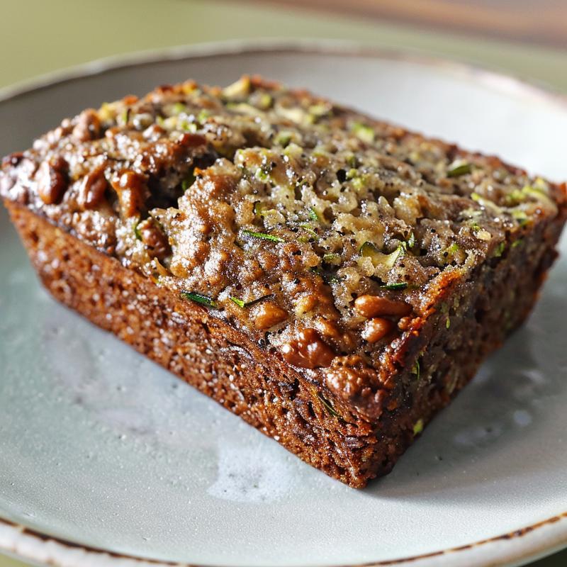 Close-up view of moist gluten-free zucchini banana bread on a light grey plate.