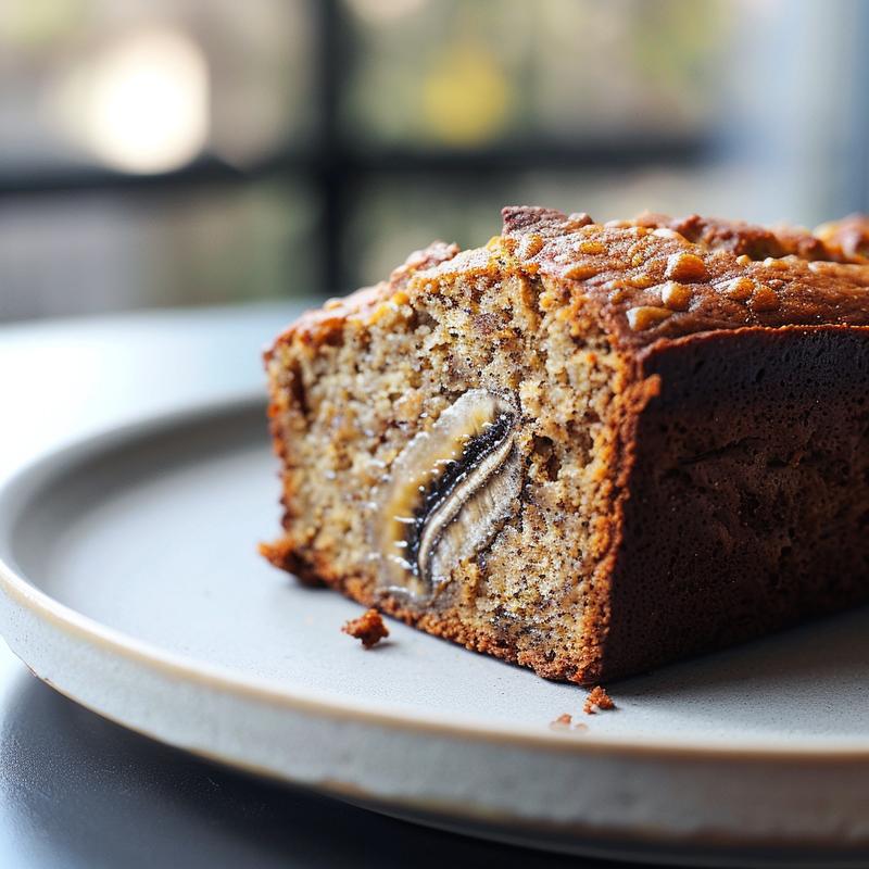A close-up of a slice of 3-ingredient banana bread on a light grey ceramic plate.