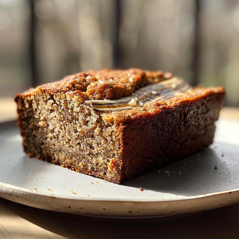 Close-up of a slice of oat flour banana bread on a white marble surface.