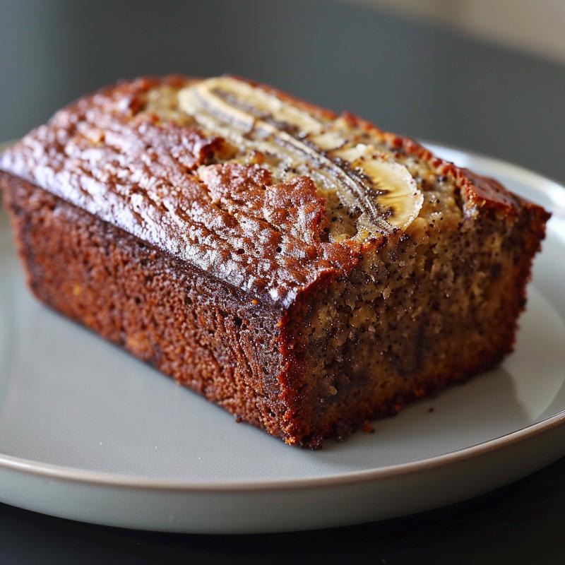 A close-up view of a slice of fluffy keto banana bread on a light grey ceramic plate.