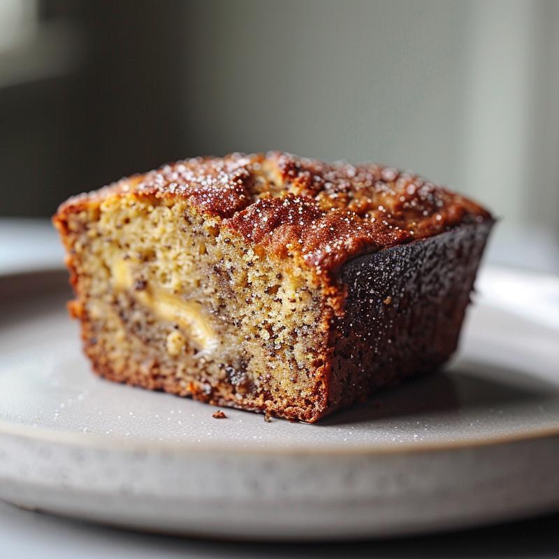 A close-up of a slice of keto banana bread on a light grey ceramic plate, showcasing its texture and moistness.