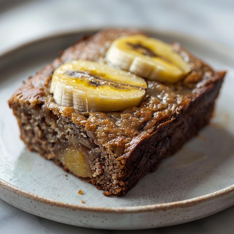 Close-up of a slice of low carb banana nut bread on a light grey plate, highlighting its moist texture and nutty appearance.