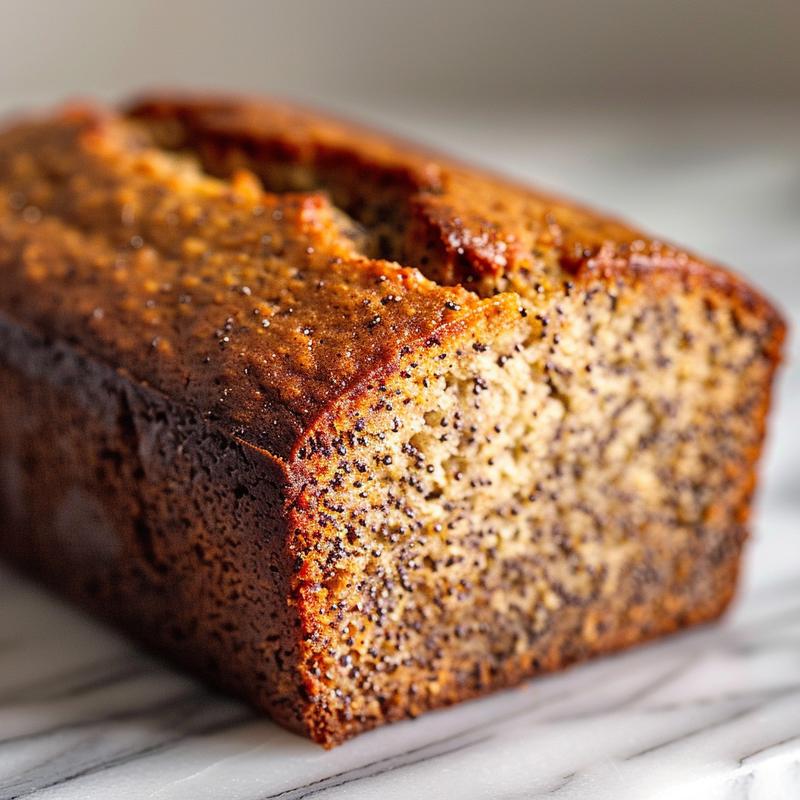 Close-up of a slice of healthy banana bread on a white marble surface.