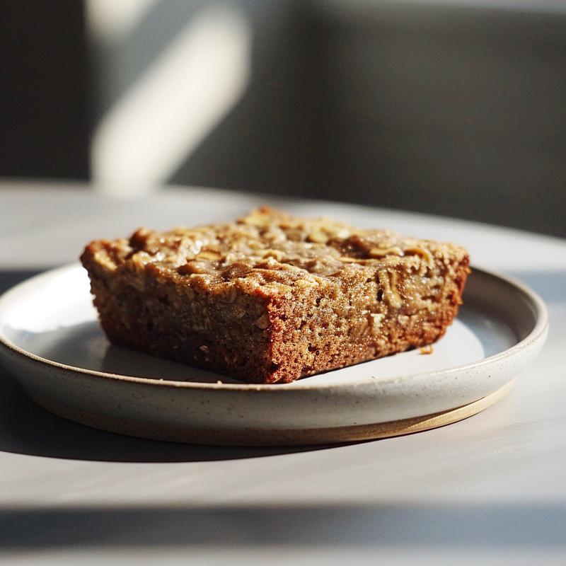 A close-up of a moist slice of oatmeal banana bread on a light grey ceramic plate.