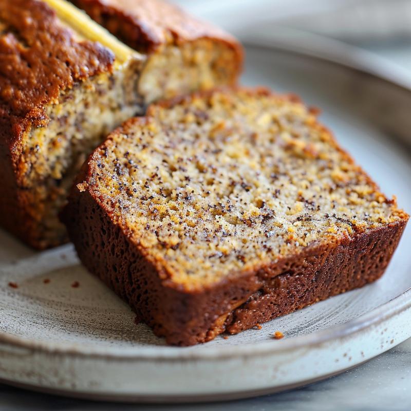 Extreme close-up of a slice of sugar-free banana bread on a light grey ceramic plate with defined textures.