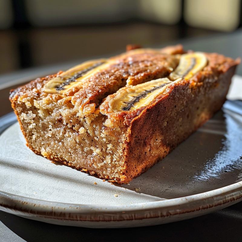 Close-up of a slice of high protein banana bread topped with a dollop of Greek yogurt on a light grey ceramic plate.