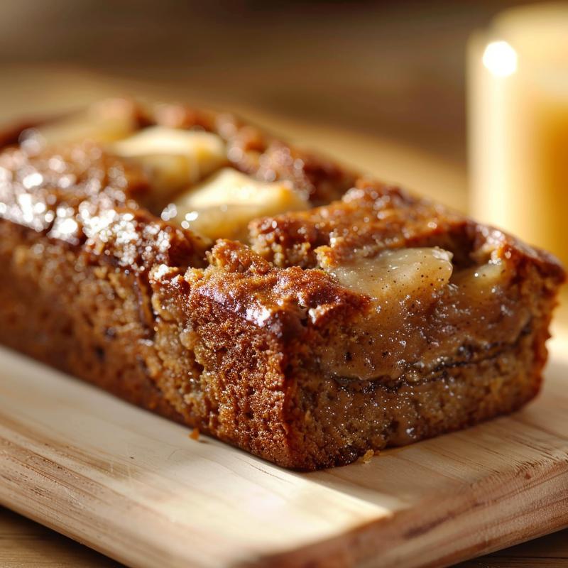 Close-up of a slice of banana bread with applesauce on a wooden board.
