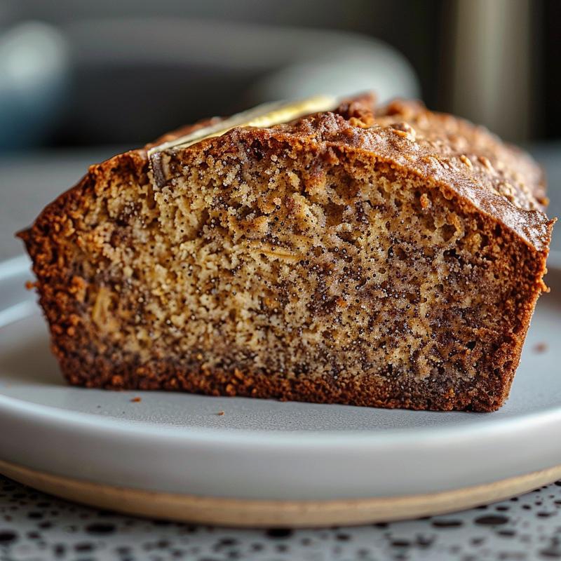 Close-up of a slice of moist banana bread on a light grey plate, showcasing its texture.