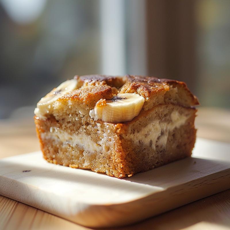 Close-up of a slice of high-protein banana bread topped with cottage cheese on a wooden board.